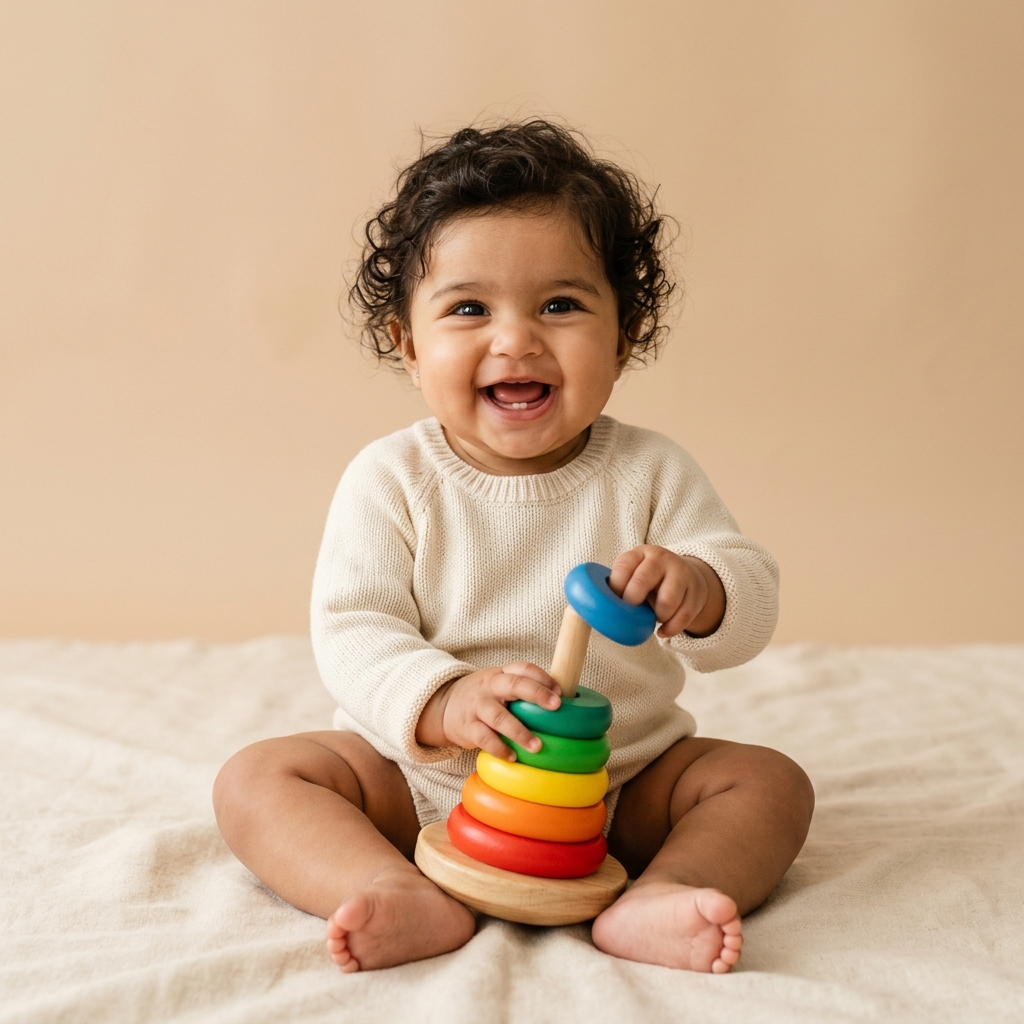 Happy baby playing with toy
