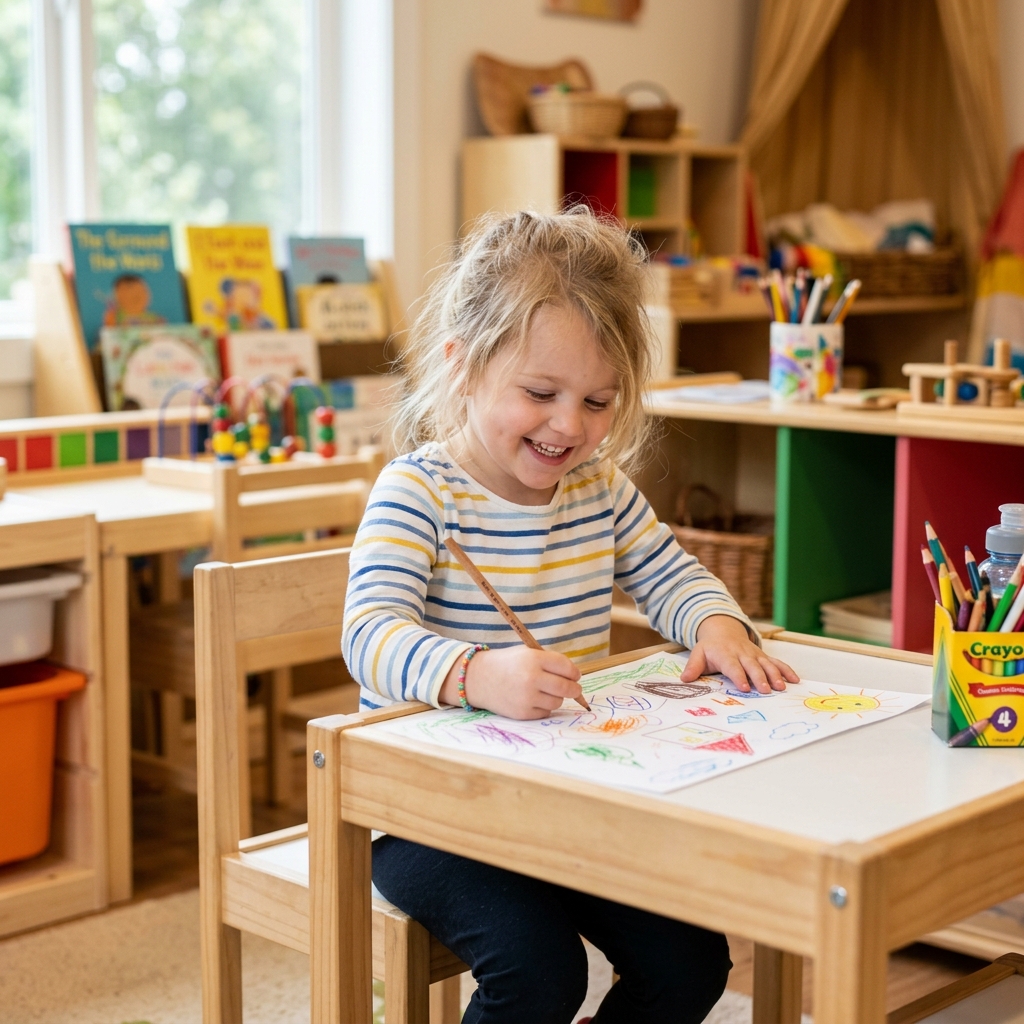 Diverse child drawing with pencil