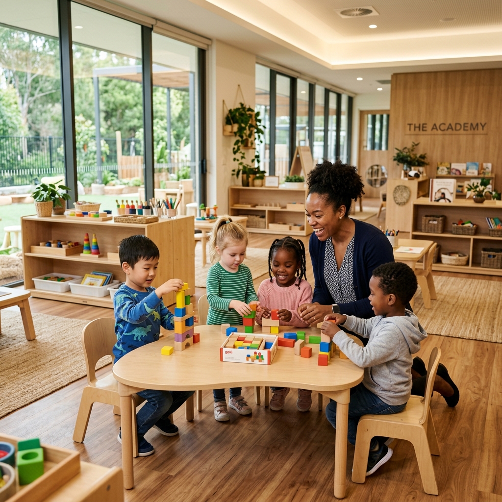 Diverse teacher and children building blocks in high-end daycare classroom