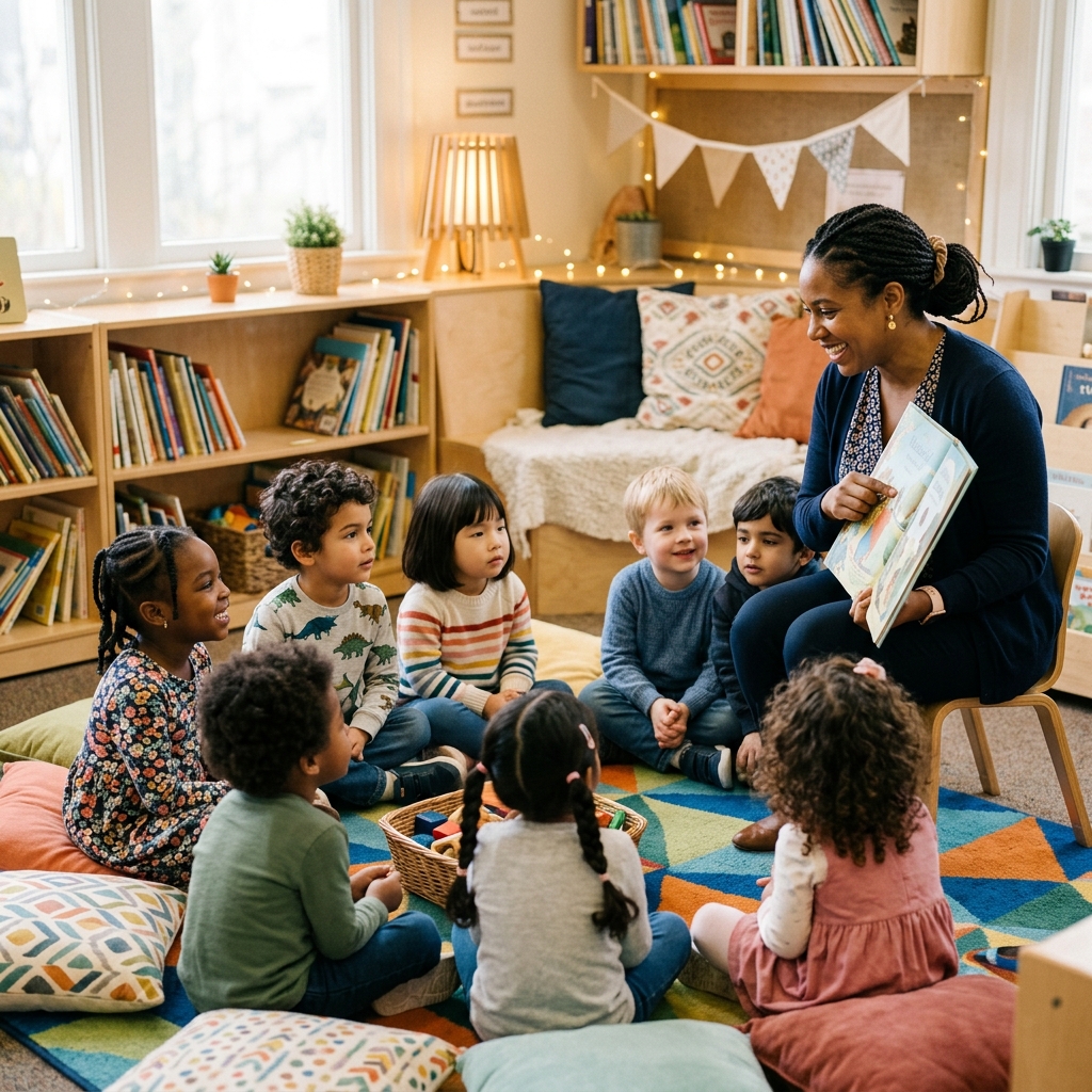 Diverse preschool teacher reading to multi-ethnic children in a circle